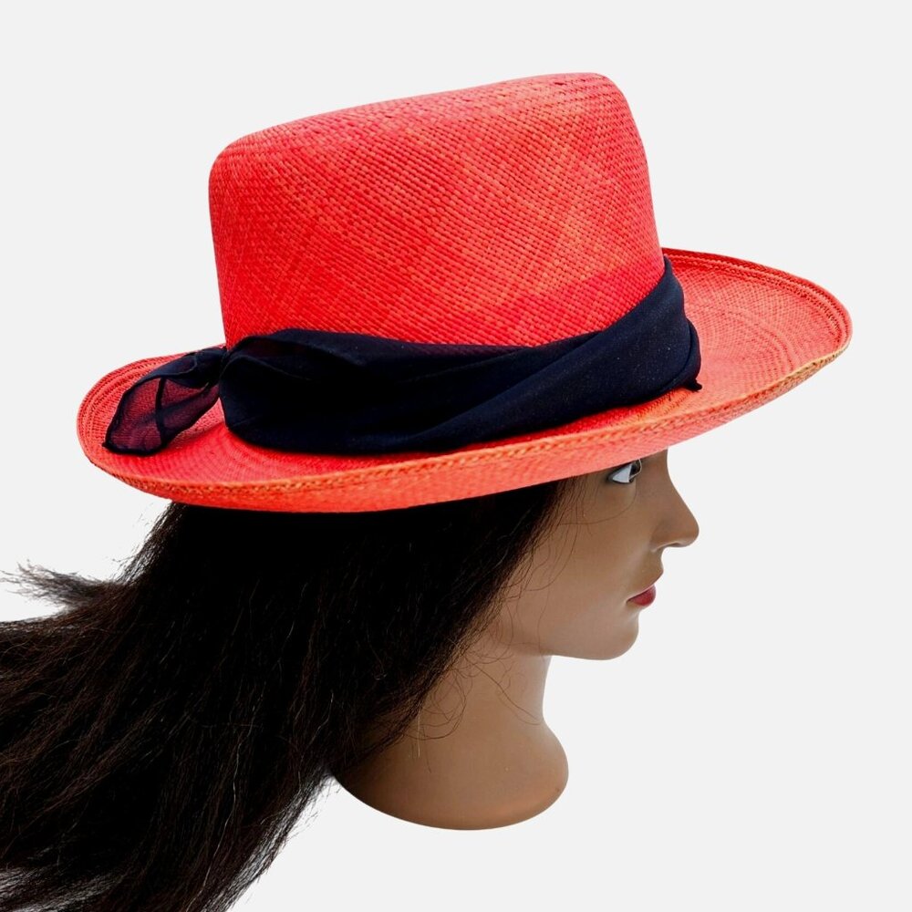 Vintage Red Straw Hat by Saks Fifth Avenue Union Label USA 22.5" Medium - Picture 10 of 16